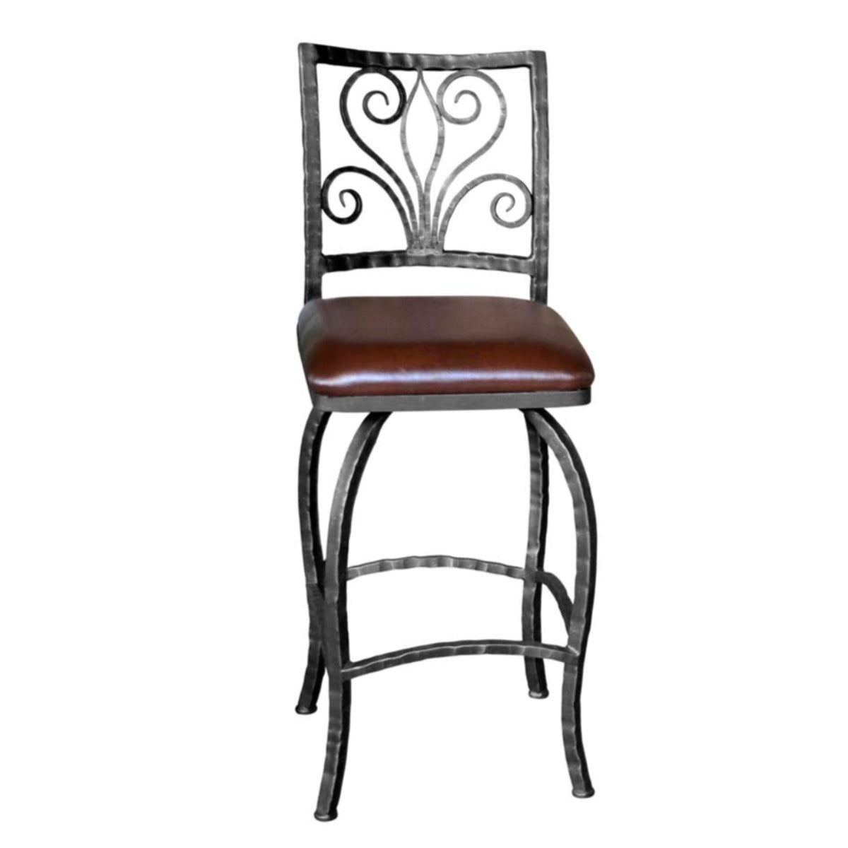 Avalon handcrafted wrought iron stool with a decorative back and upholstered seat