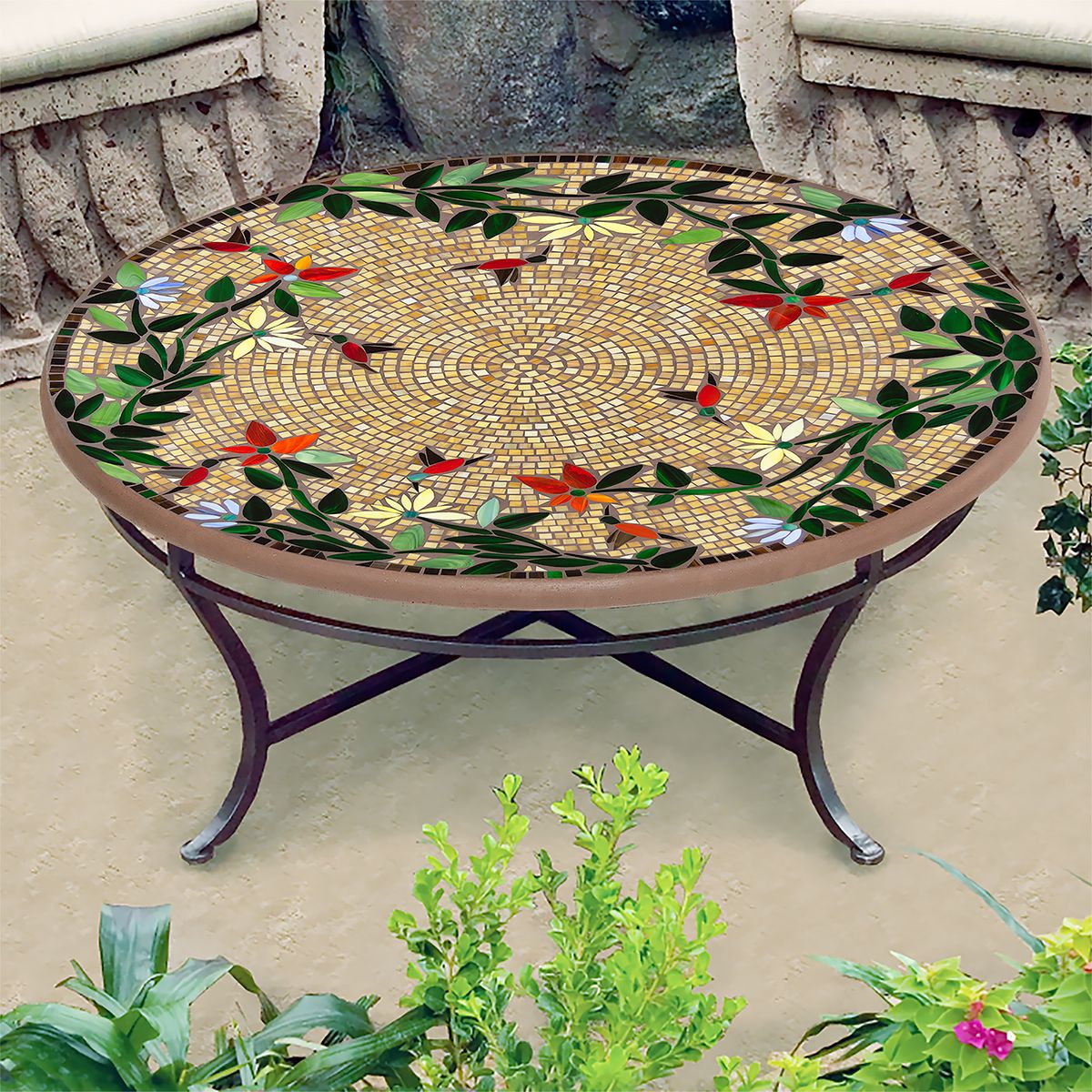 Caramel Hummingbird Mosaic Coffee Table-Iron Accents