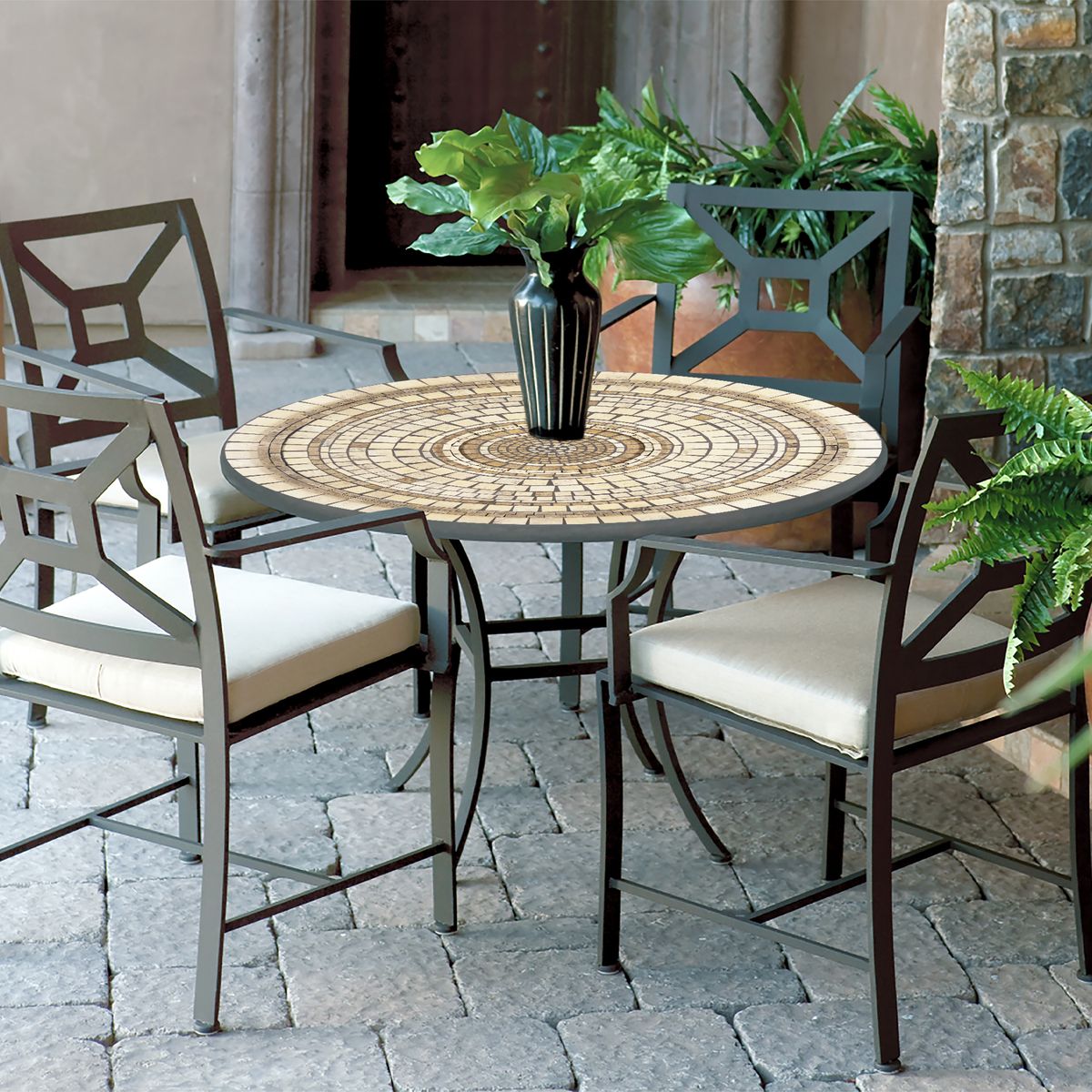 Marble Stone Mosaic Patio Table-Iron Accents