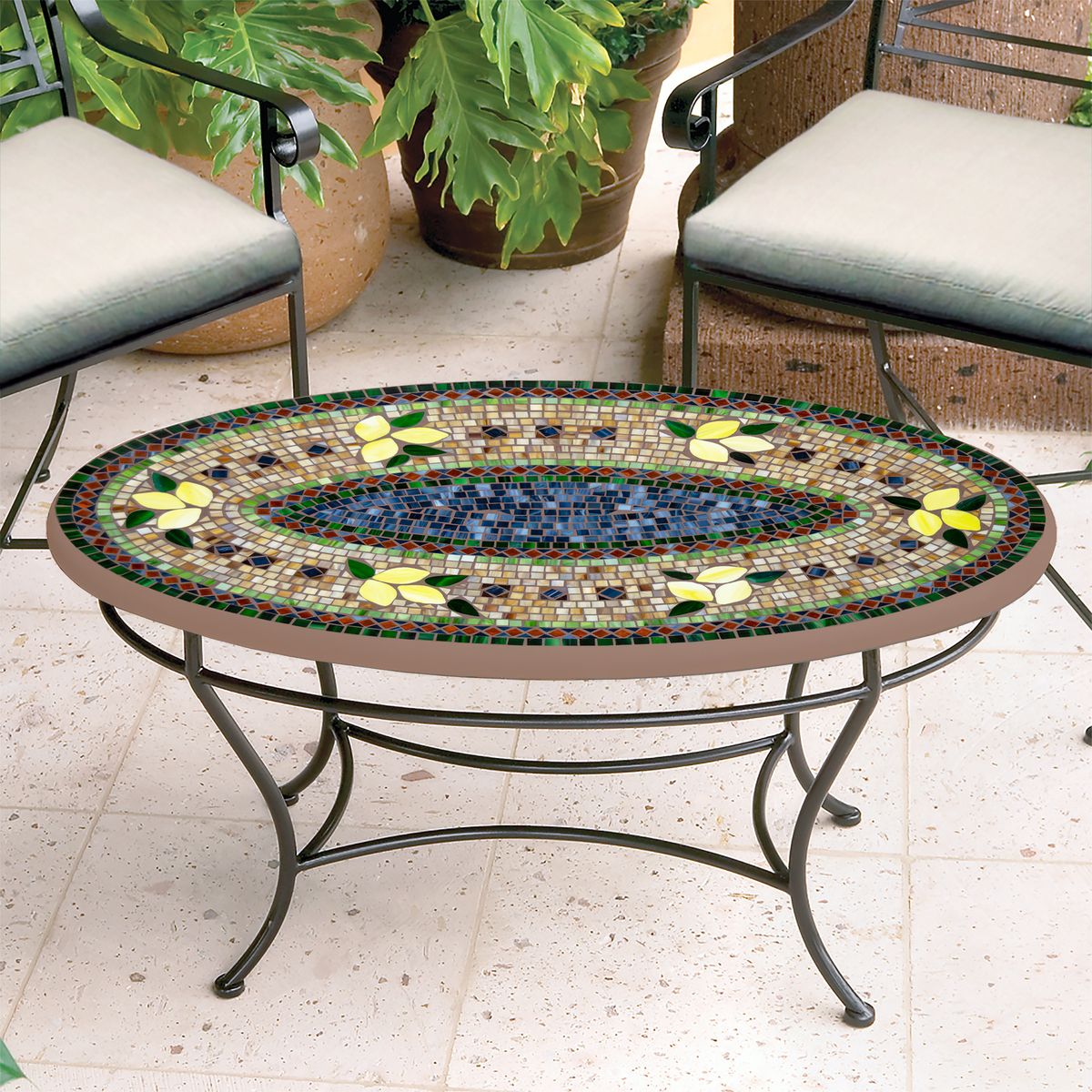 Tuscan Lemons Mosaic Coffee Table - Oval-Iron Accents