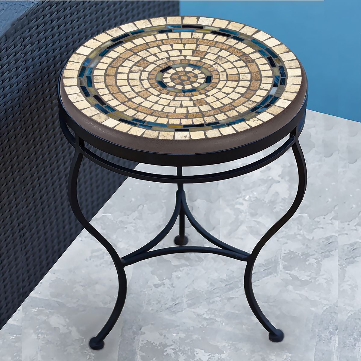 Slate Stone Mosaic Side Table-Iron Accents