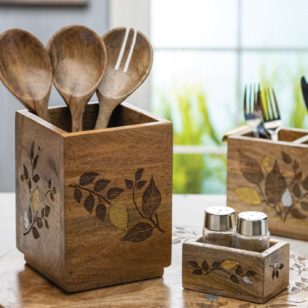 Metal Inlay Utensil Caddy-Iron Accents