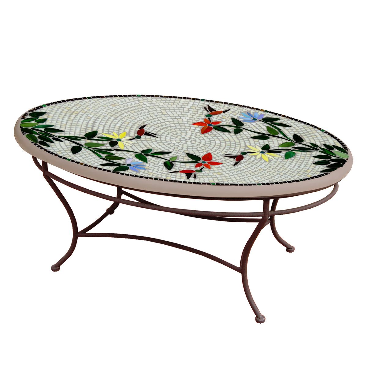 Hummingbird Mosaic Coffee Table - Oval-Iron Accents