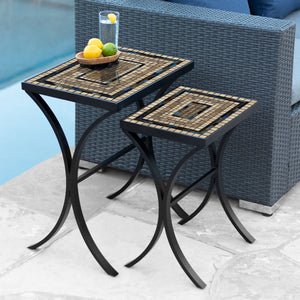 Slate Stone Mosaic Nesting Tables-Iron Accents