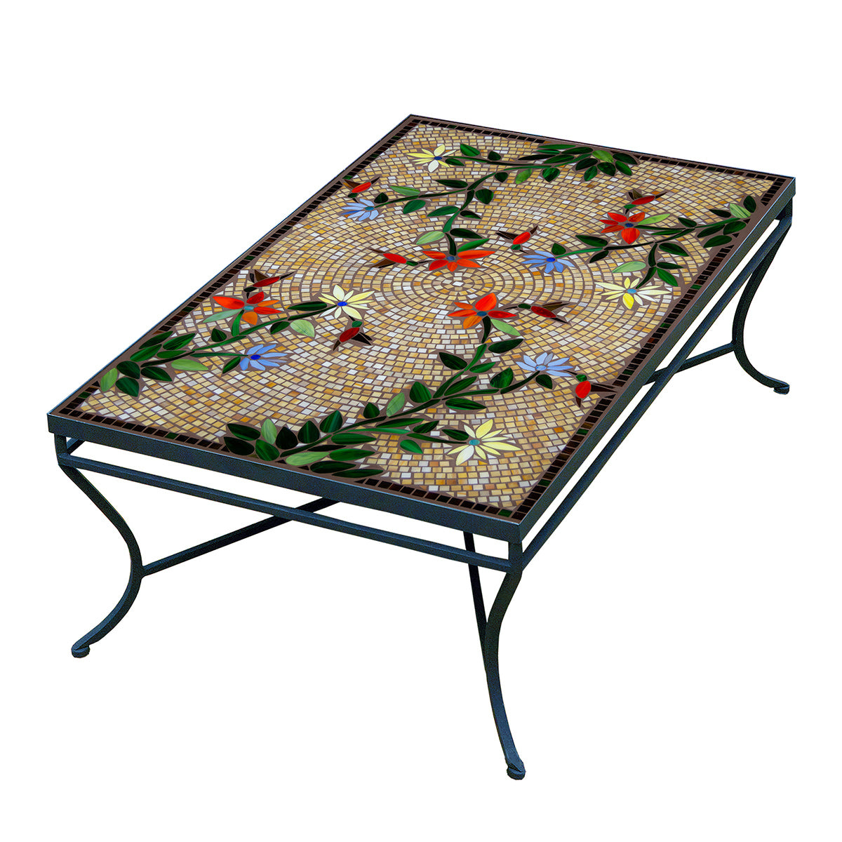 Caramel Hummingbird Mosaic Coffee Table - Rect-Iron Accents