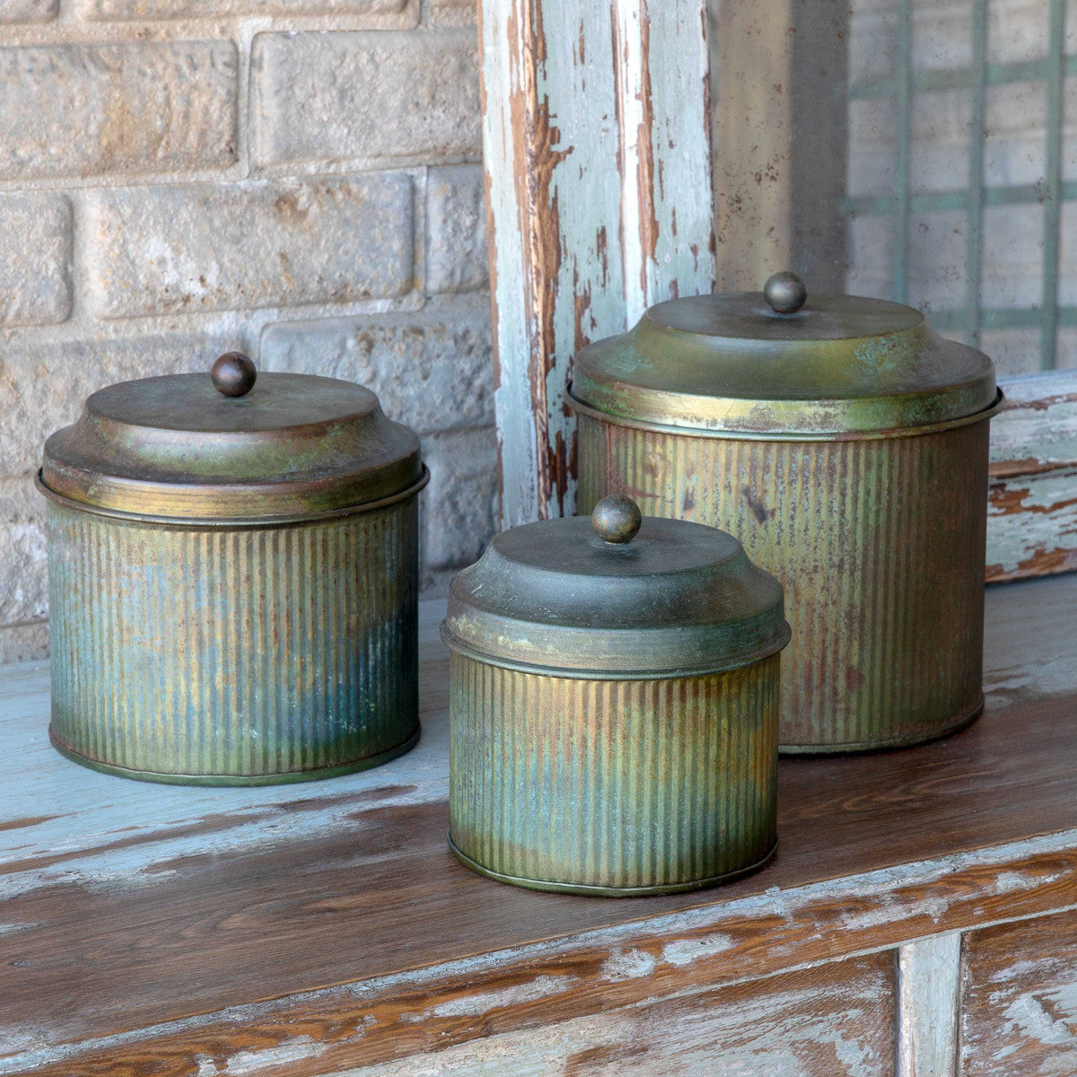 Patinaed Galvanized Canisters (Set-3)-Iron Accents