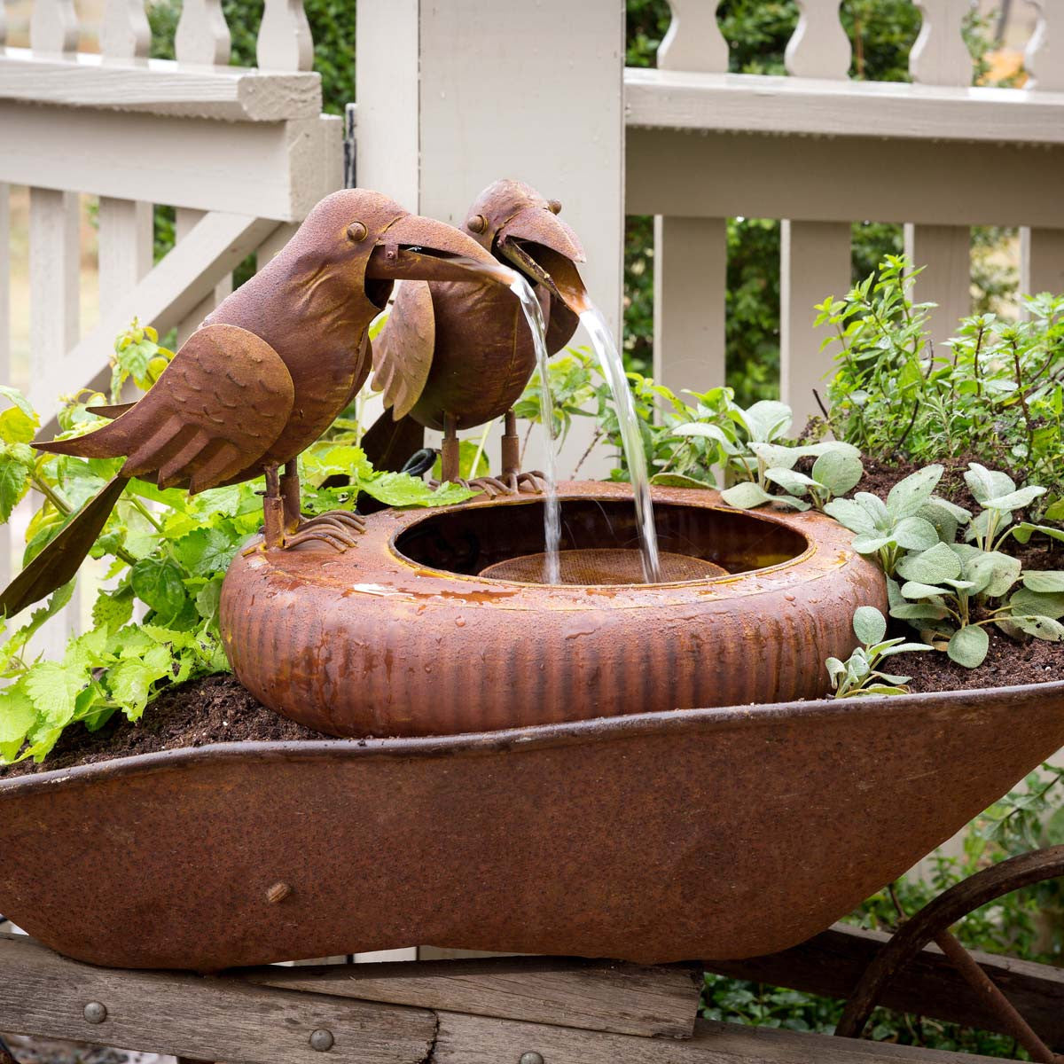 Crows Folk Art Water Fountain-Iron Accents