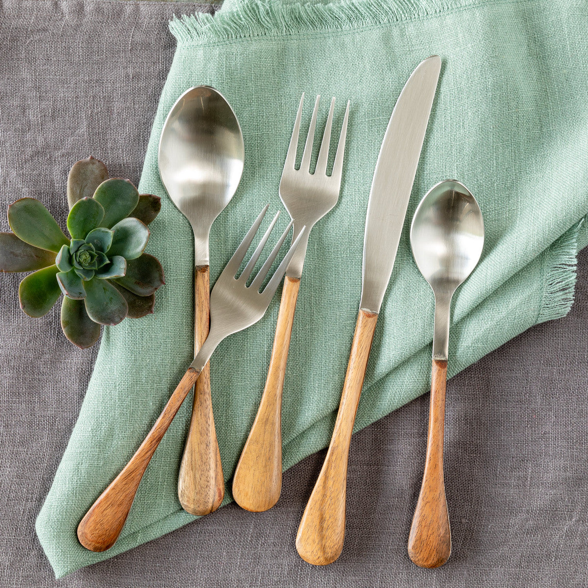 Wood Handled Stainless Flatware (5-pc)-Iron Accents