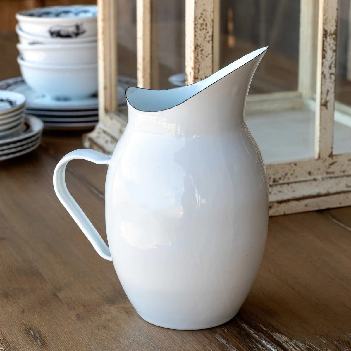 Farmhouse Enamelware Pitcher-Iron Accents