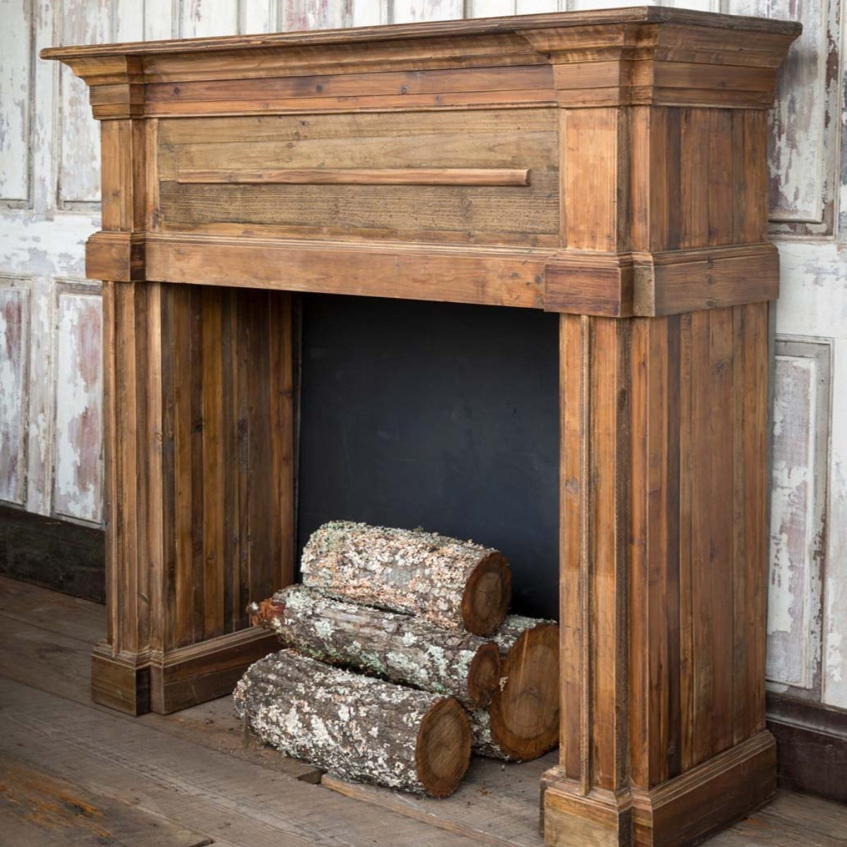 Reclaimed Wood Fireplace Mantle-Iron Accents