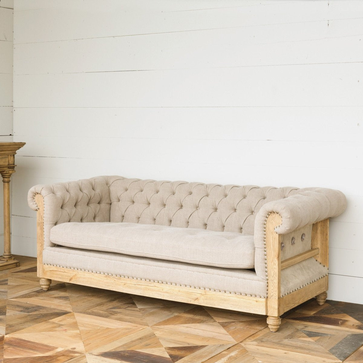 Farmhouse Tufted Sofa-Iron Accents