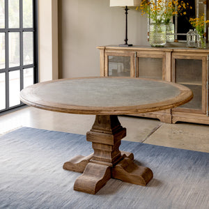 Aged Zinc Pedestal Dining Table-Iron Accents