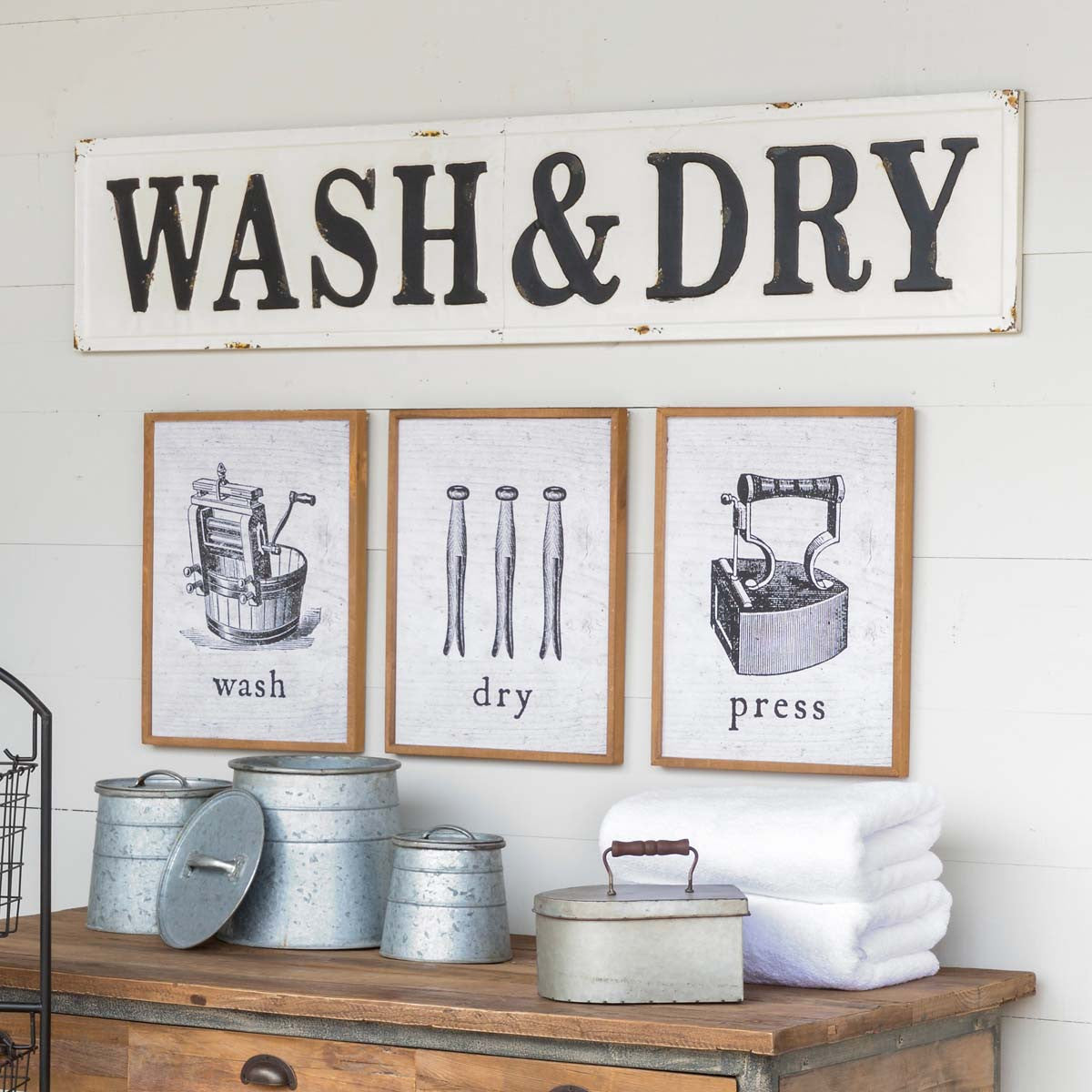 Embossed Metal Wash & Dry Sign-Iron Accents