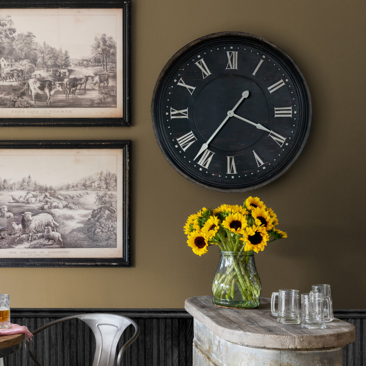 Aged Metal Bank Clock-Iron Accents