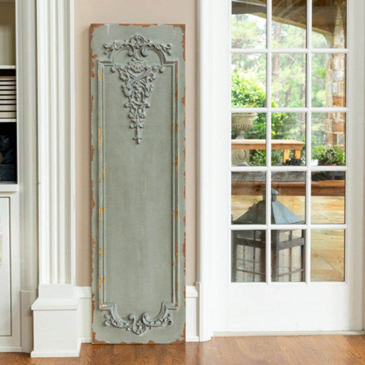 Vintage-inspired architectural wall panel with aged decorative detail