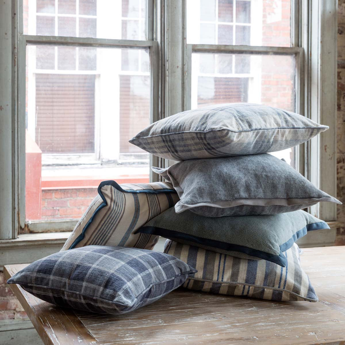 Farmhouse Blue Plaid Pillow-Iron Accents