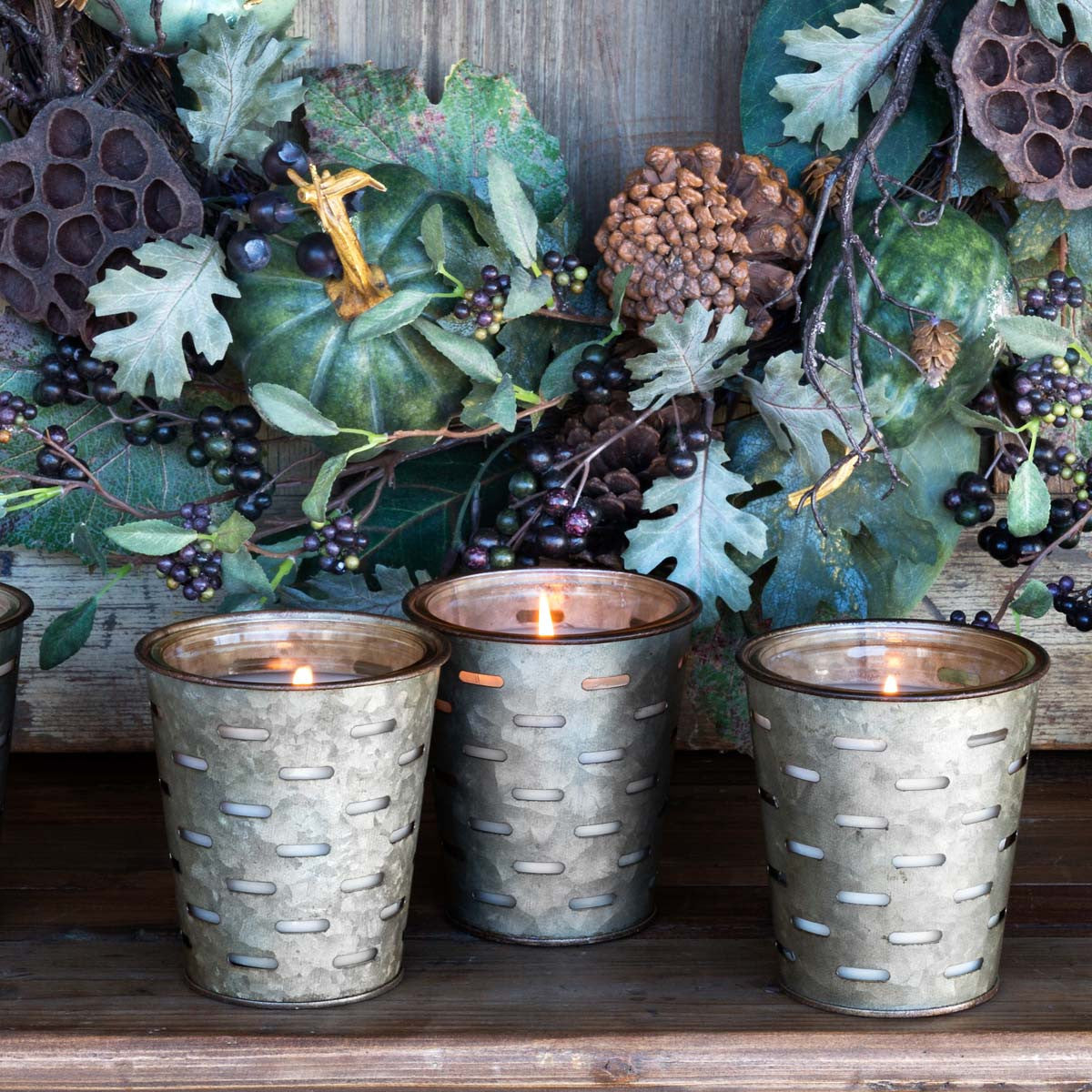 Olive Bucket Candles - Frost on the Pumpkins-Iron Accents