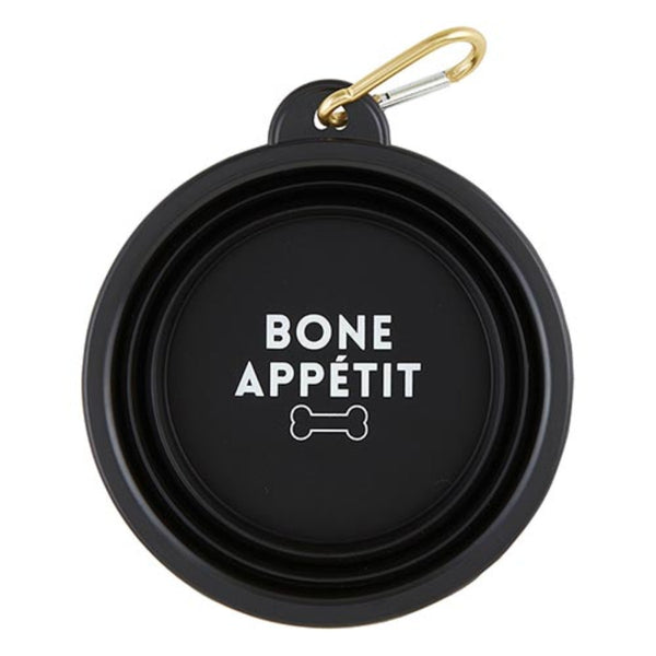 collapsible bowl and plate with fish bones on it Bone Appatit Travel Bowl