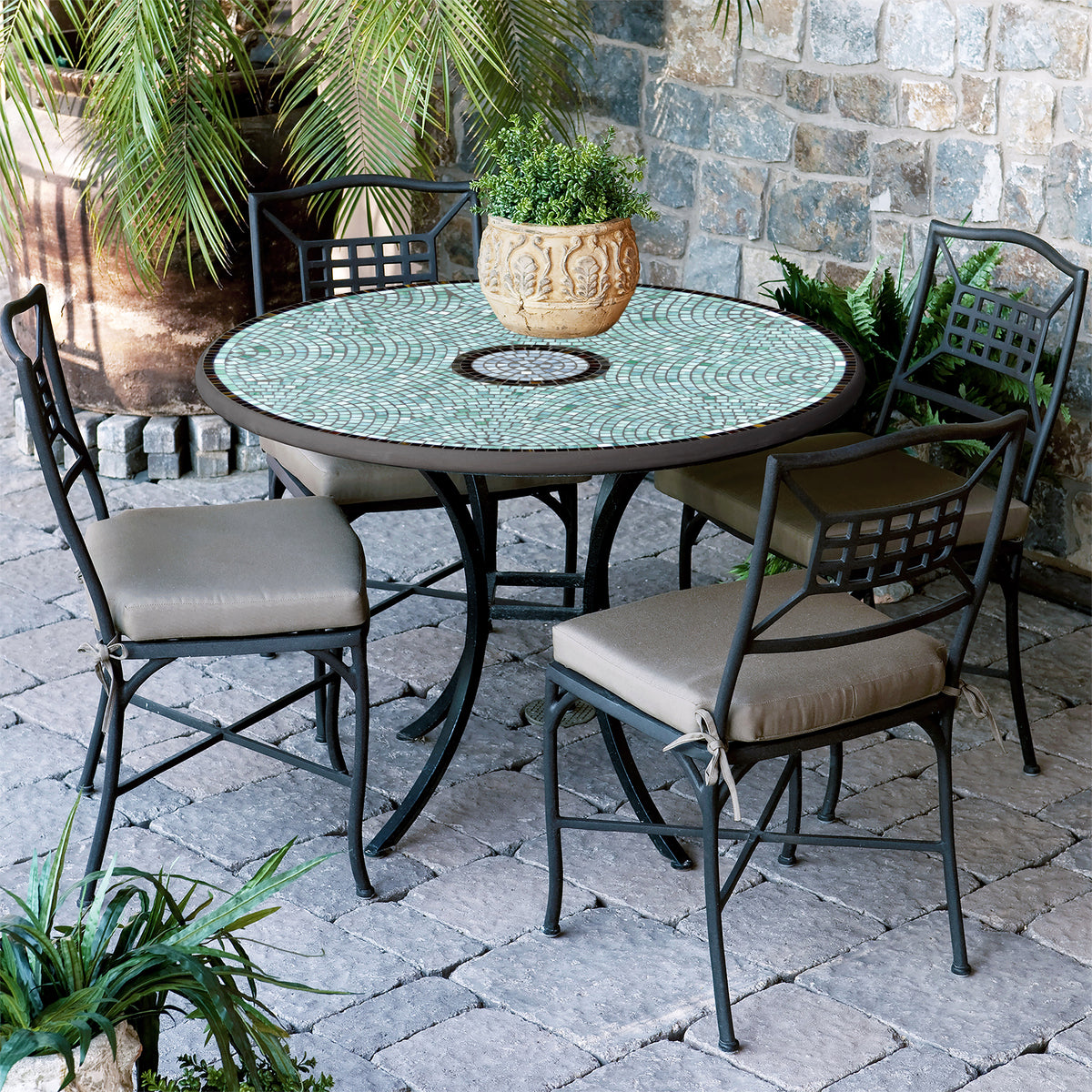 Jade Glass Mosaic Patio Table-Iron Accents