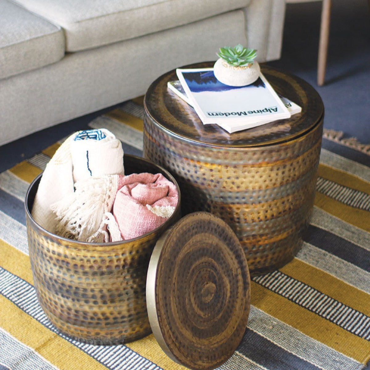 Hammered Metal Storage Tables - Iron Accents