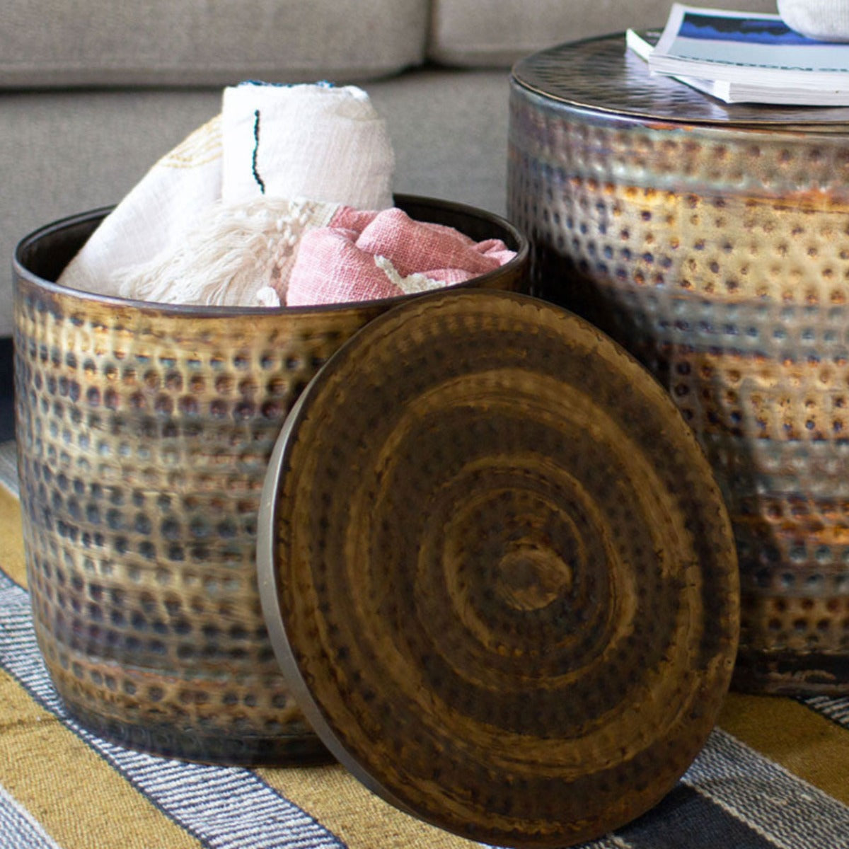 Hammered Metal Storage Tables