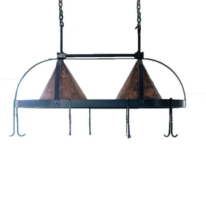 Oval Copper Lighted Pot Rack-Iron Accents