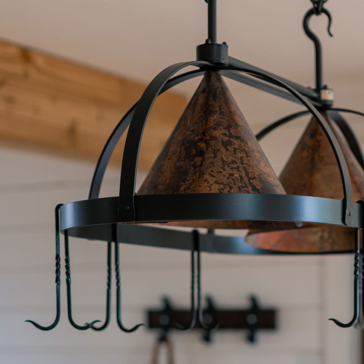 Oval Copperweave Pot Rack with Lights | Hand-Forged Iron & Copper ...