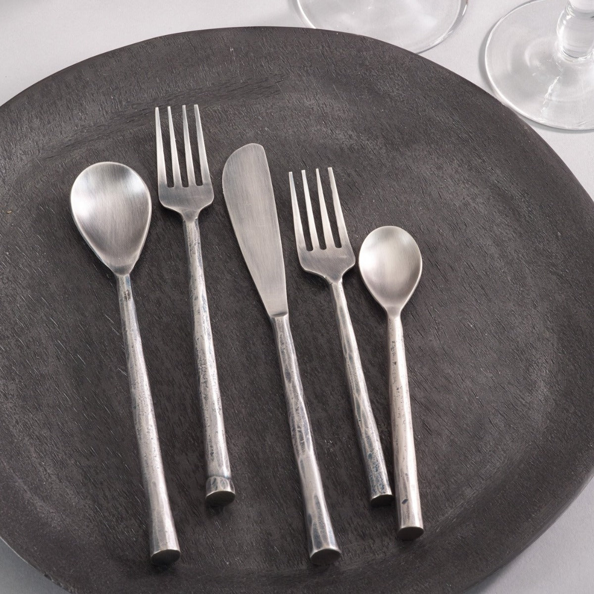 Sharp Silverware Hammered Round Silver Flatware - Iron Accents