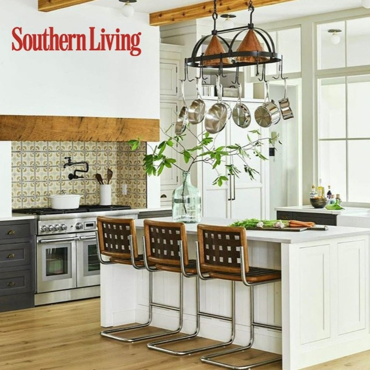 Oval Copper Lighted Pot Rack-Iron Accents