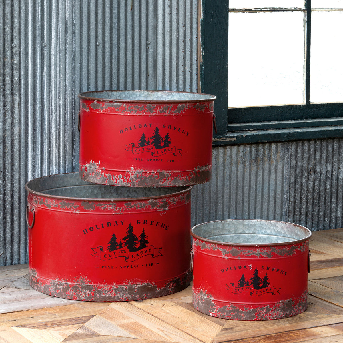 Antique Red Metal Tree Pots-Iron Accents