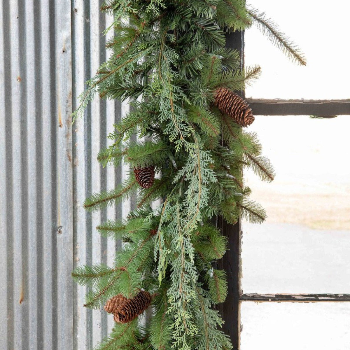 Mixed Evergreen LED Garland - 9'-Iron Accents