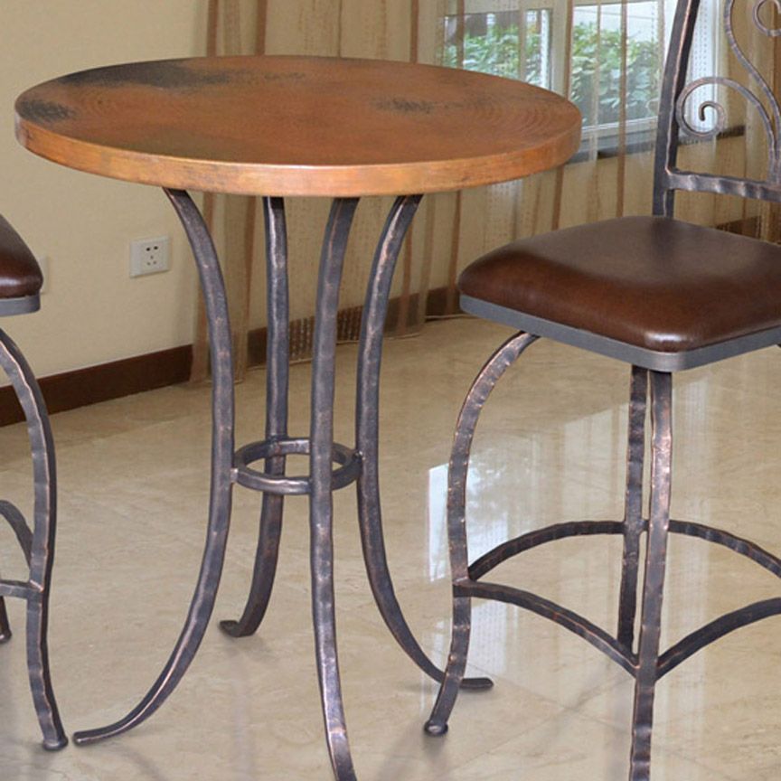 Handcrafted iron bar-height table with a round wood tabletop