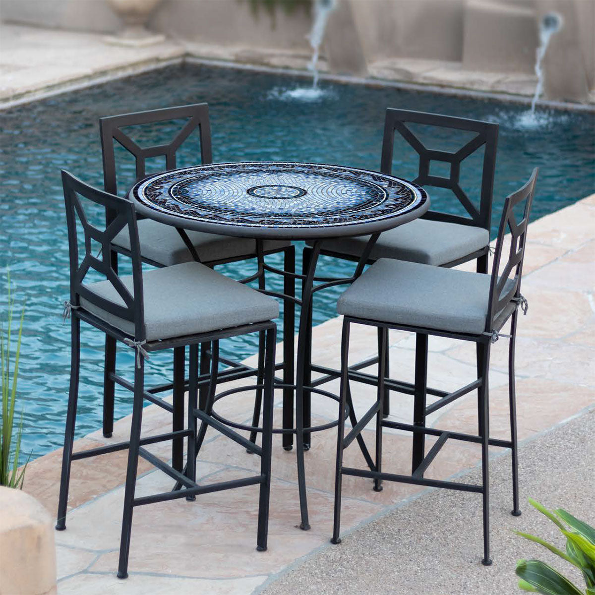 Handcrafted mosaic patio table with outdoor seating