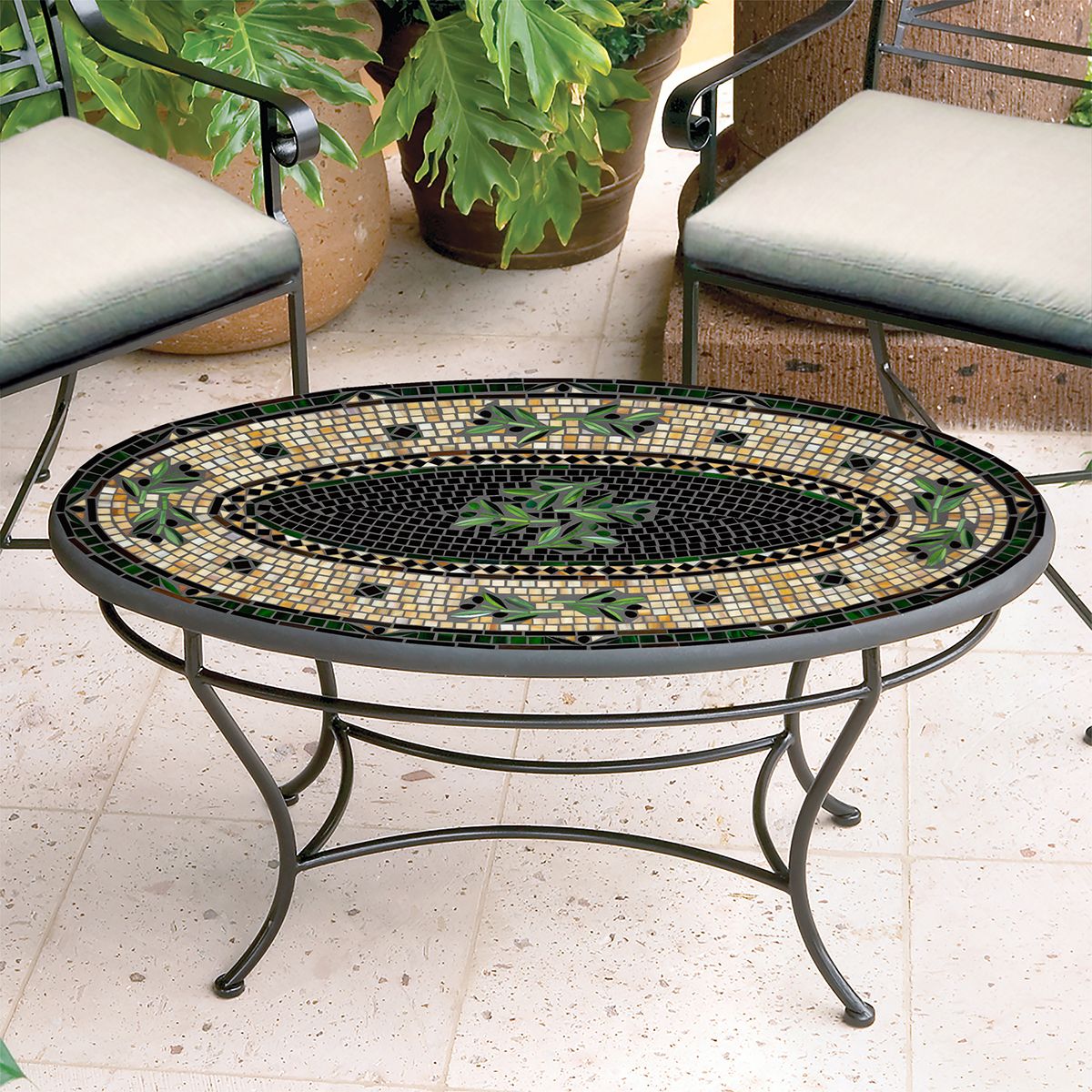 Black Olives Mosaic Coffee Table - Oval-Iron Accents