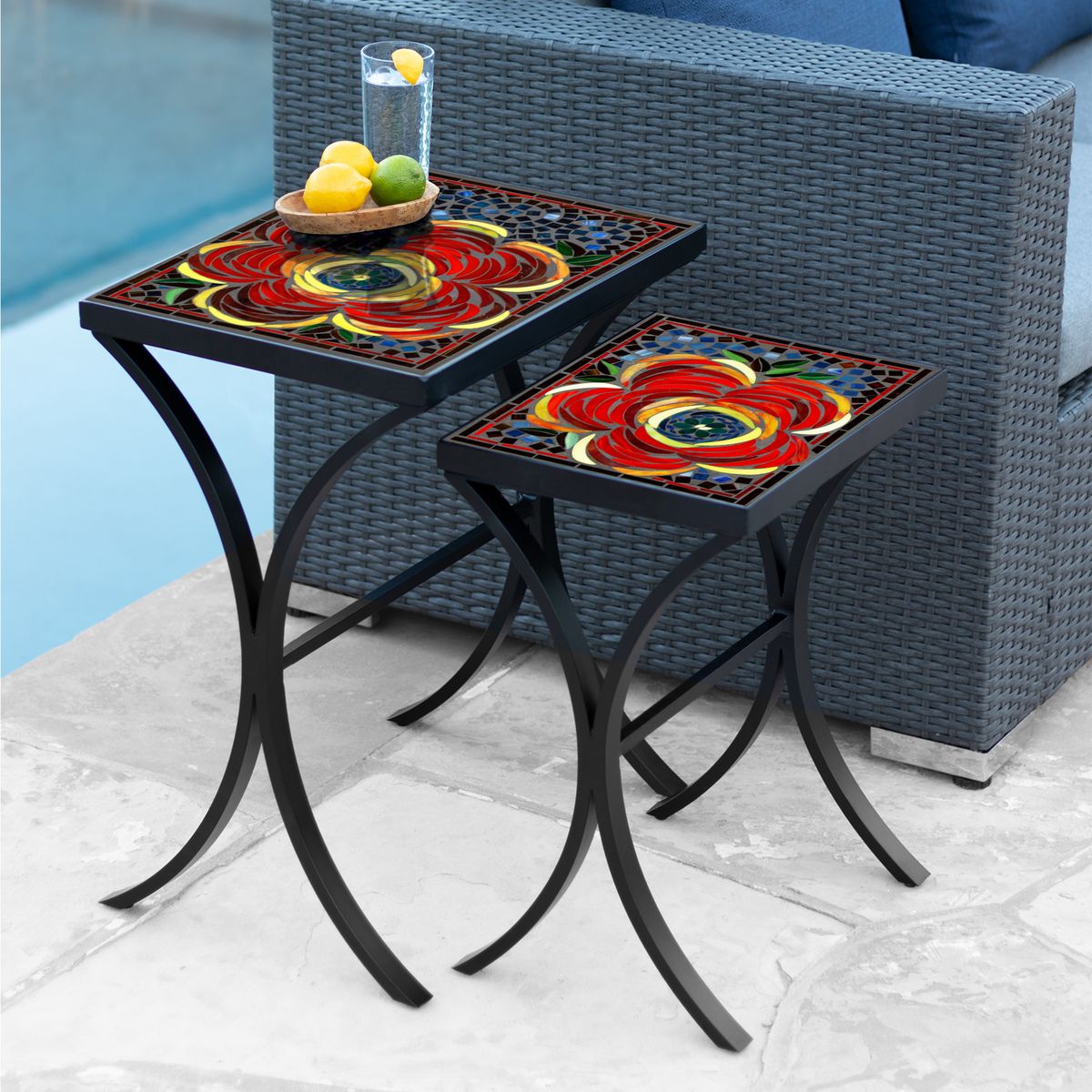 Zinnia Mosaic Nesting Tables-Iron Accents