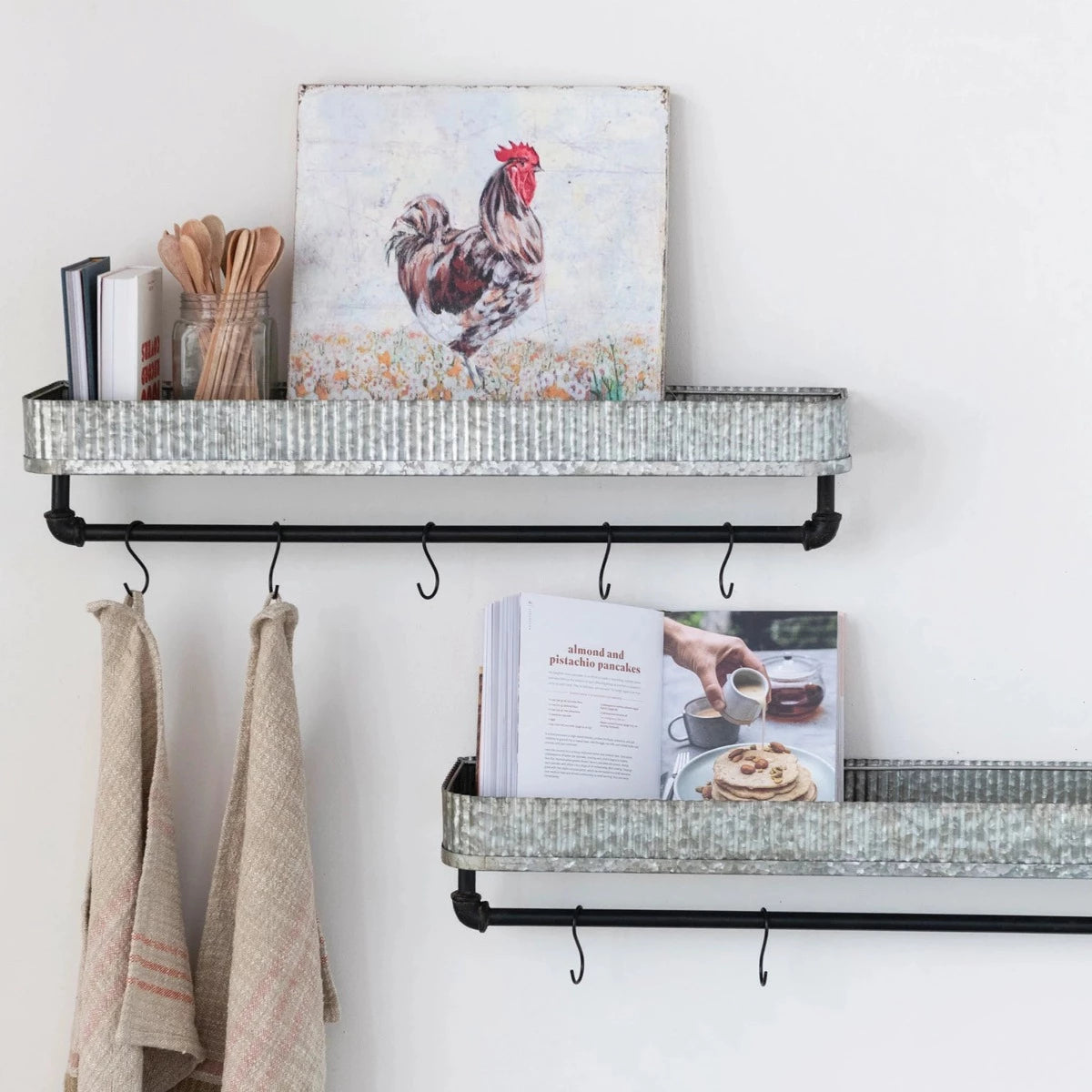 Galvanized Wall Shelves w/Hooks
