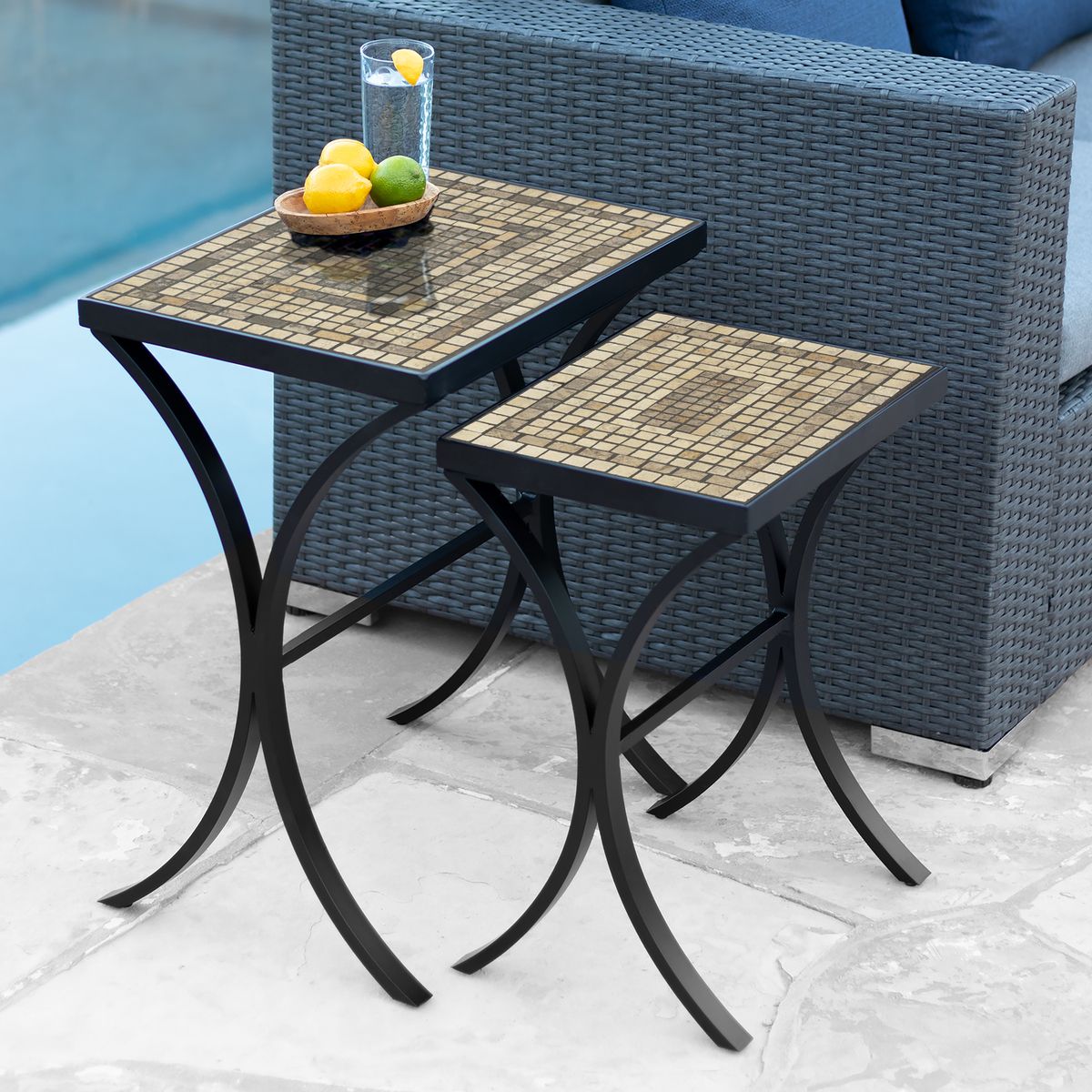 Marble Stone Mosaic Nesting Tables-Iron Accents