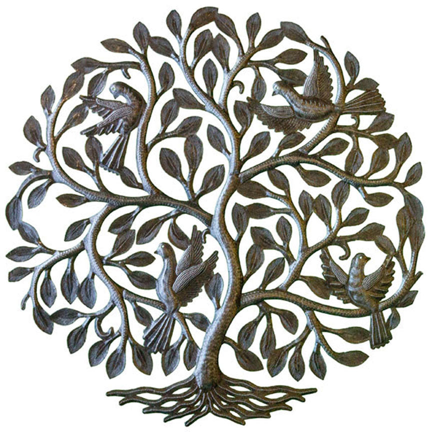 Four Birds in Tree Wall Plaque-Iron Accents