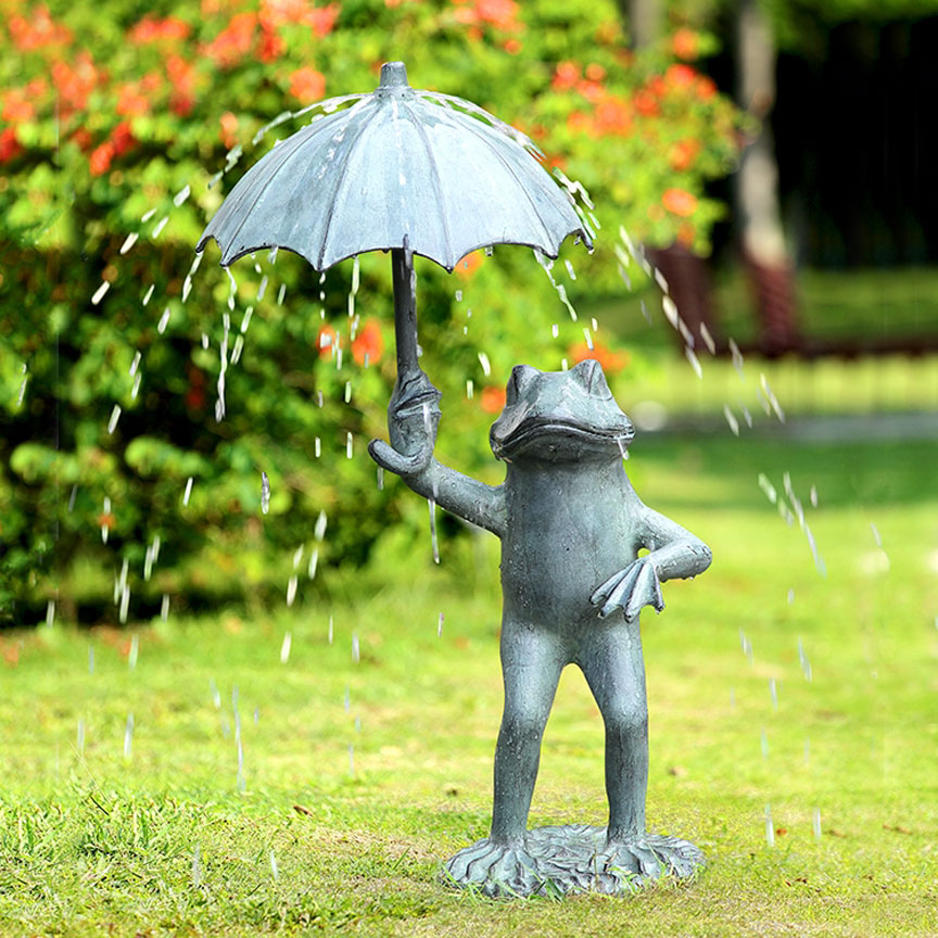 Frog w/ Umbrella Garden Spitter-Iron Accents