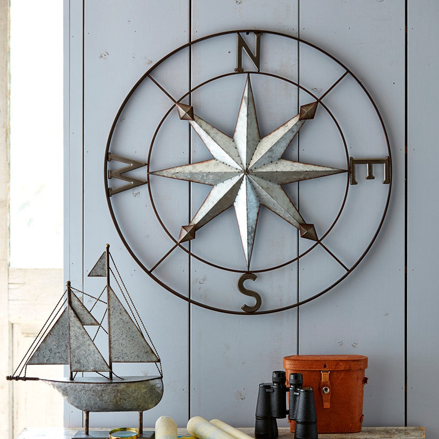 Galvanized Compass Plaque-Iron Accents
