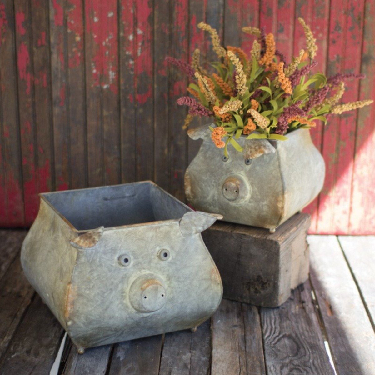Galvanized Pig Planters (Set-2)-Garden | Iron Accents