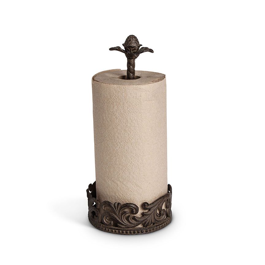 Decorative metal paper towel holder with cream ceramic detail
