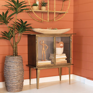 Antique brass two-door glass cabinet styled with plants against an orange wall