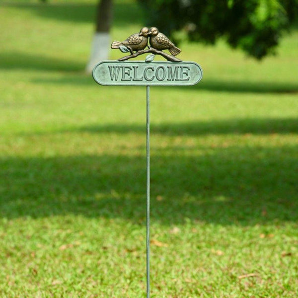 A Pair Of Lovebirds Welcome Sign Greeter cast iron Garden Stake by Gifts &  Decor