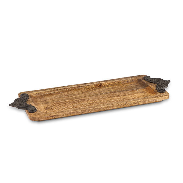 Mango Wood Long Tray-Iron Accents