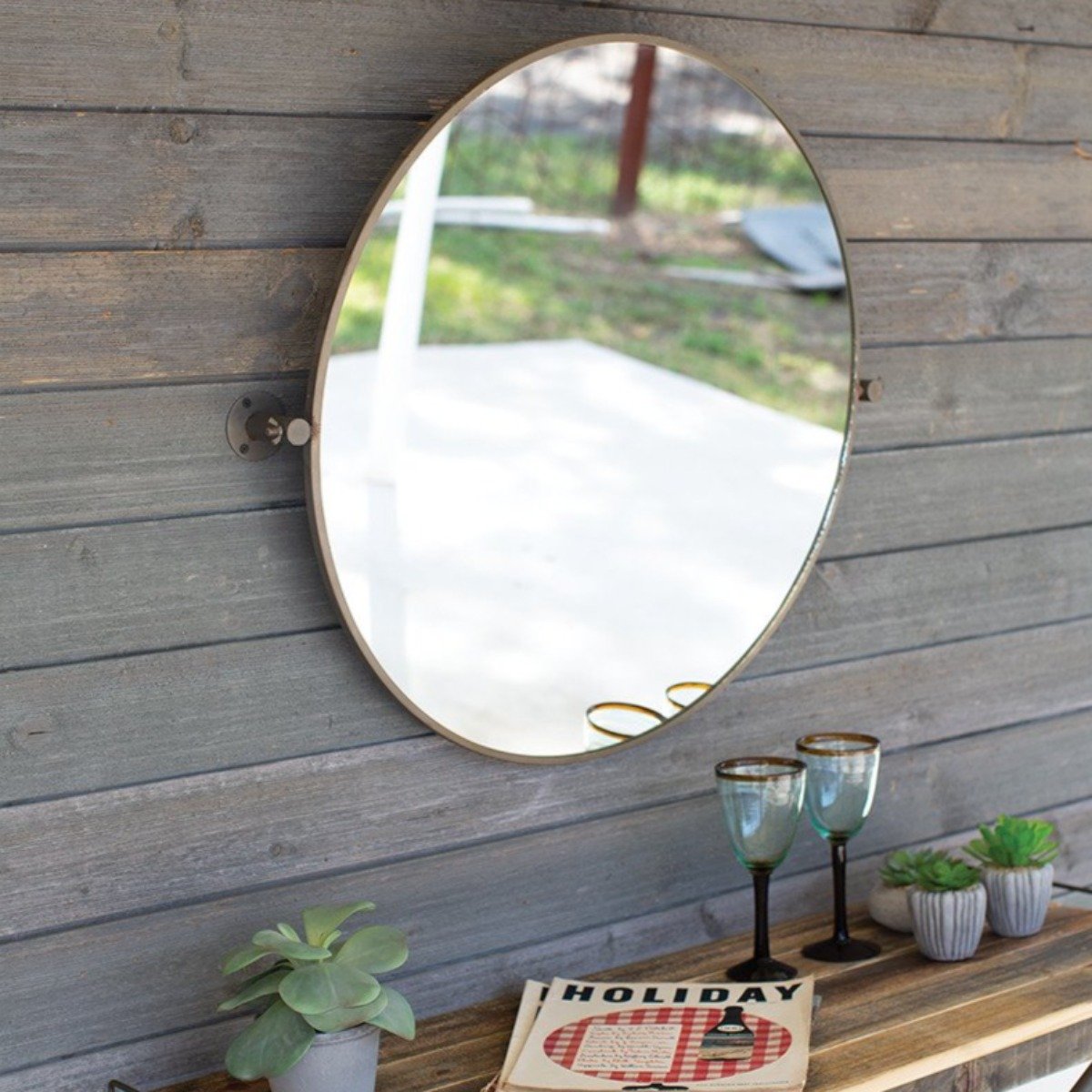 Metal Framed Tilted Round Mirror-Wall | Iron Accents