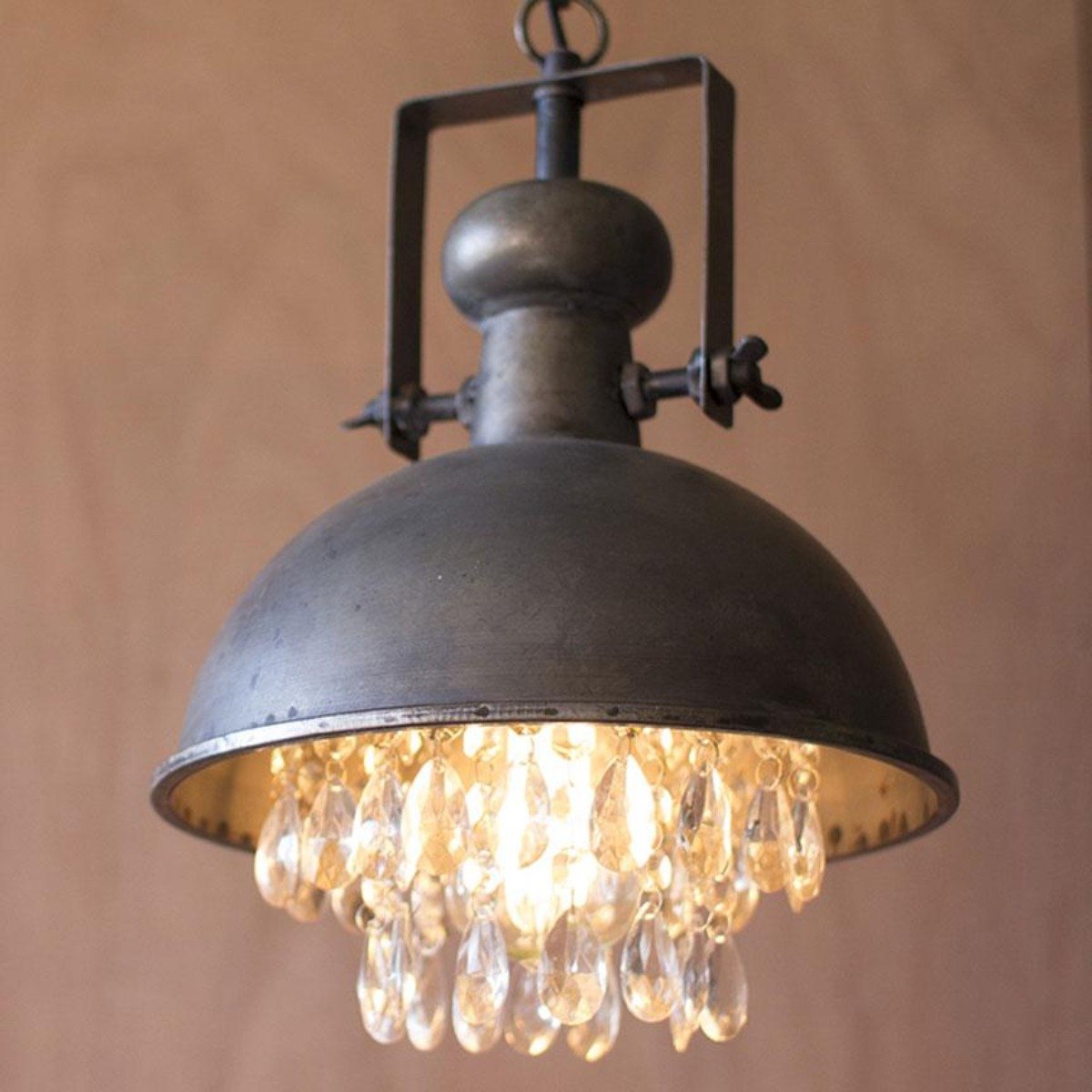 Metal Pendant Lamp w/ Crystals-Lighting | Iron Accents