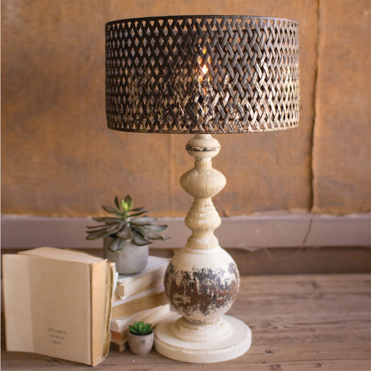 Metal Table Lamp w/ Mesh Shade Iron Accents - Main Image