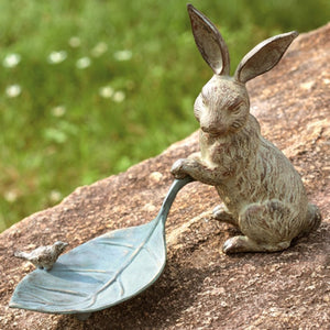 Rabbit and Leaf Birdbath-Iron Accents