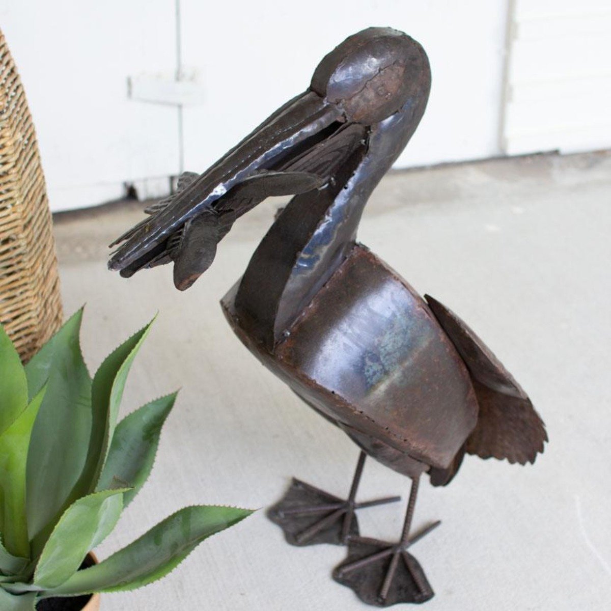Recycled Metal Pelican W/ Fish-Garden | Iron Accents
